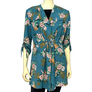 Madison Lilly Sz M Kimono Jacket Drawstring Waist Oriental Floral Print Aqua